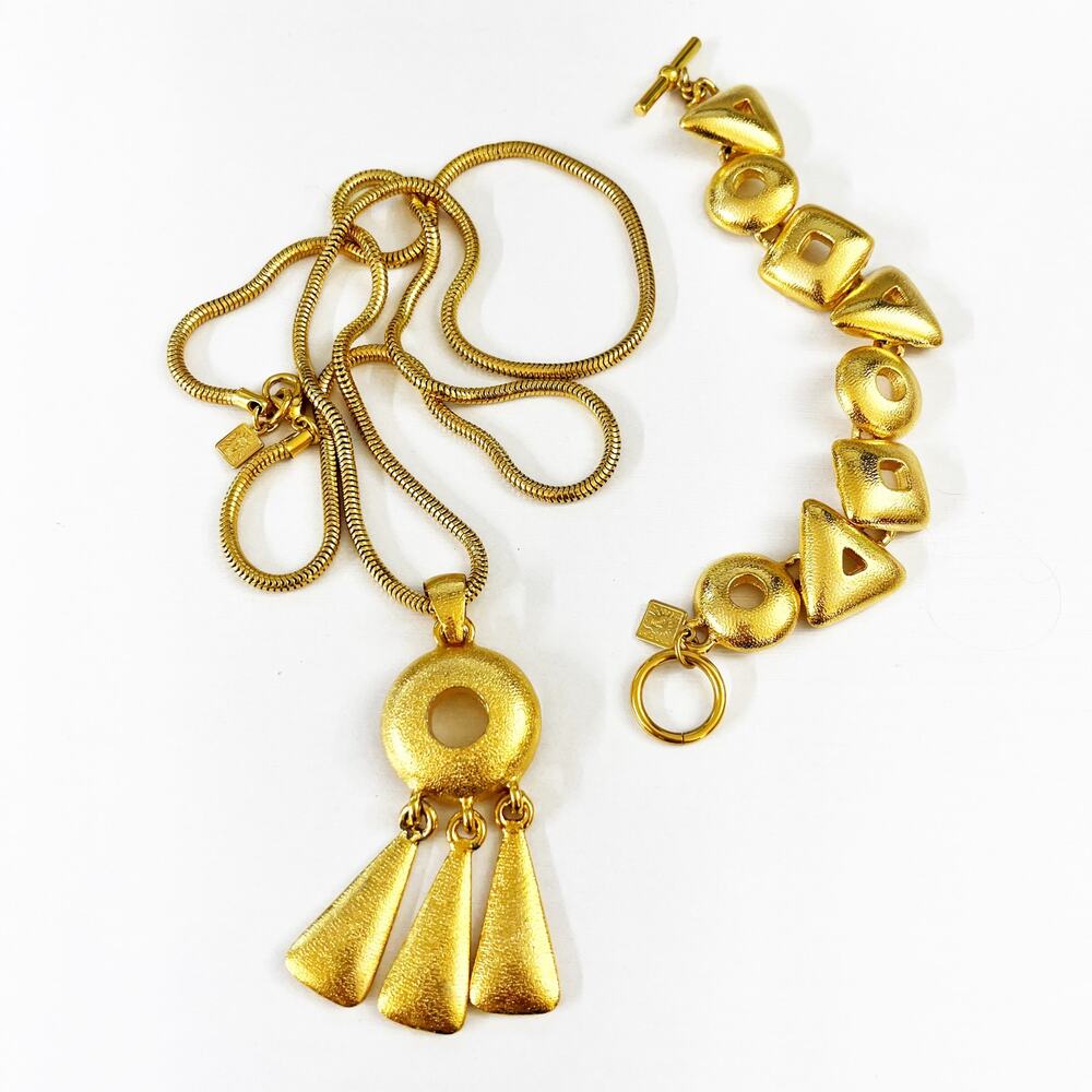 Vintage Anne Klein Geometric Brushed Gold Necklace & Bracelet Set